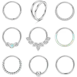 Jstyle 9Pcs 16g 18g Septum Rings Surgical Steel Nose Rings Hoop For Women CZ Opal Septum Rings Clicker Hinged Segment Nose Rings Lip Helix Cartilage Conch Daith Rook Piercing Jewelry 8mm 10mm Daily