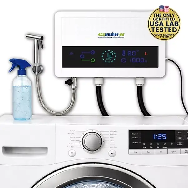 EcoWasher SE Detergent-Free Laundry Cleaning System - #1 for Hard Water, Ozone, Ionization, Magnet Powered, 2 Ozone Settings, Stainless Steel Sprayer, Compact Unit, Small Footprint, Digital Display, Thousands Sold, Fox News Feature