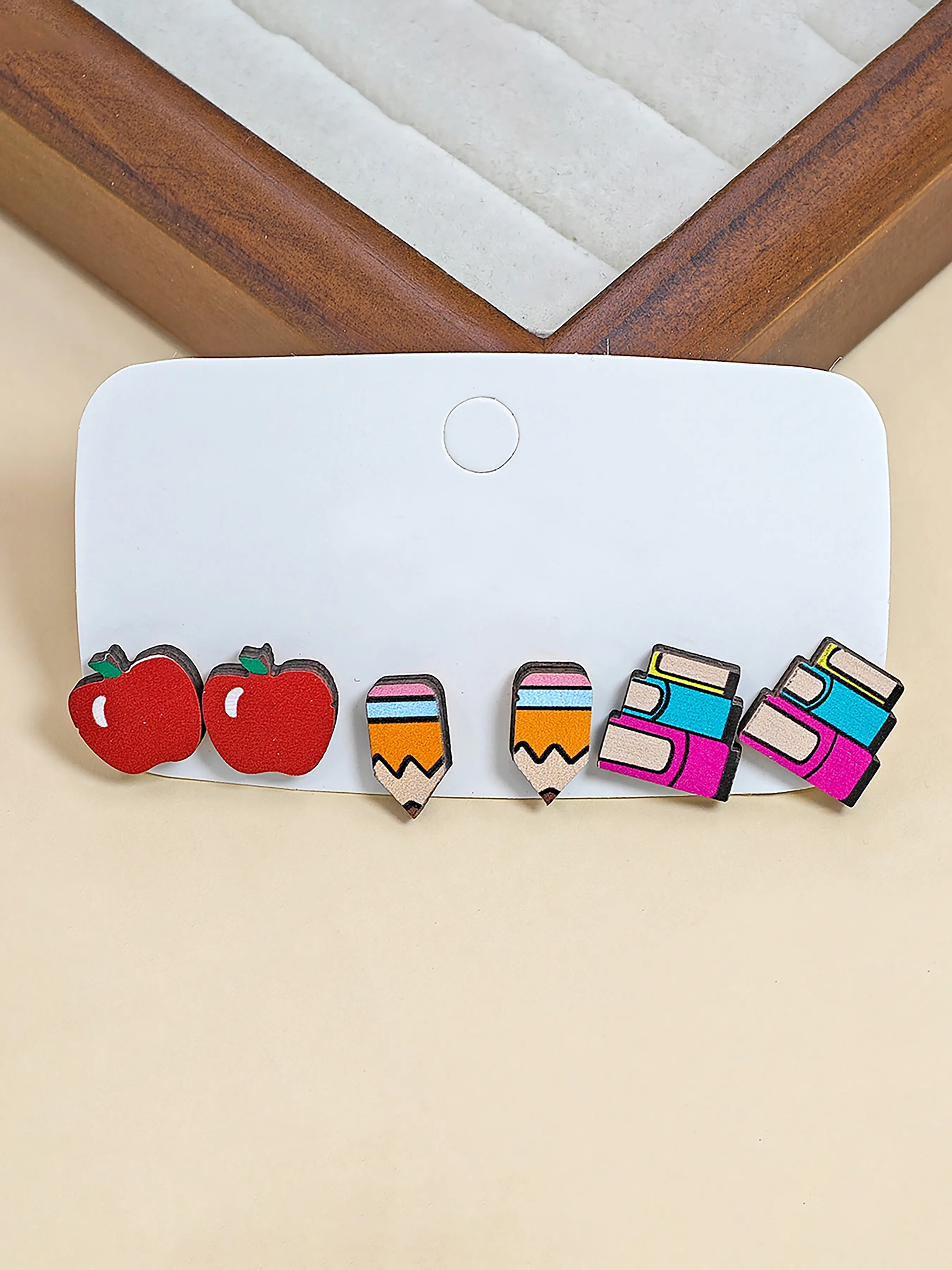 Back-To-School Ear Stud Set, 6-Piece Cute Apple Pencil Book Earrings, Women's Campus Style Jewelry, Trendy School Accessories, Casual Earrings Set