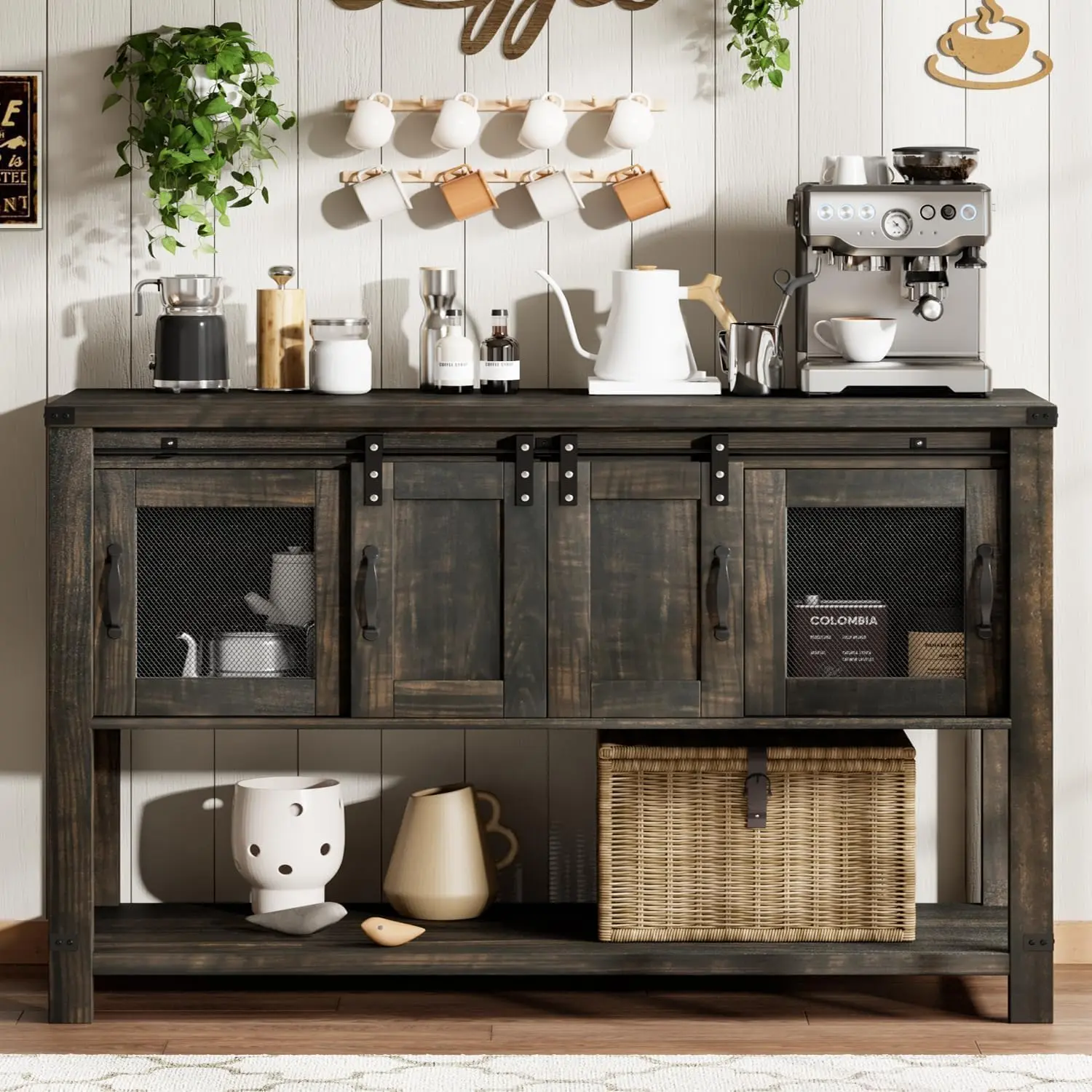 [Summerwins] HOMBCK Farmhouse Coffee Bar Cabinet with Storage, 47'', Sliding Barn Door,  Buffet Cabinet with Metal Mesh Doors,  Bottom Open Shelf, Living Room #summer garden,fathers day gift ideas