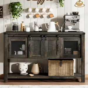 HOMBCK Farmhouse Coffee Bar Cabinet with Storage, 47'', Sliding Barn Door,  Buffet Cabinet with Metal Mesh Doors,  Bottom Open Shelf, Living Room