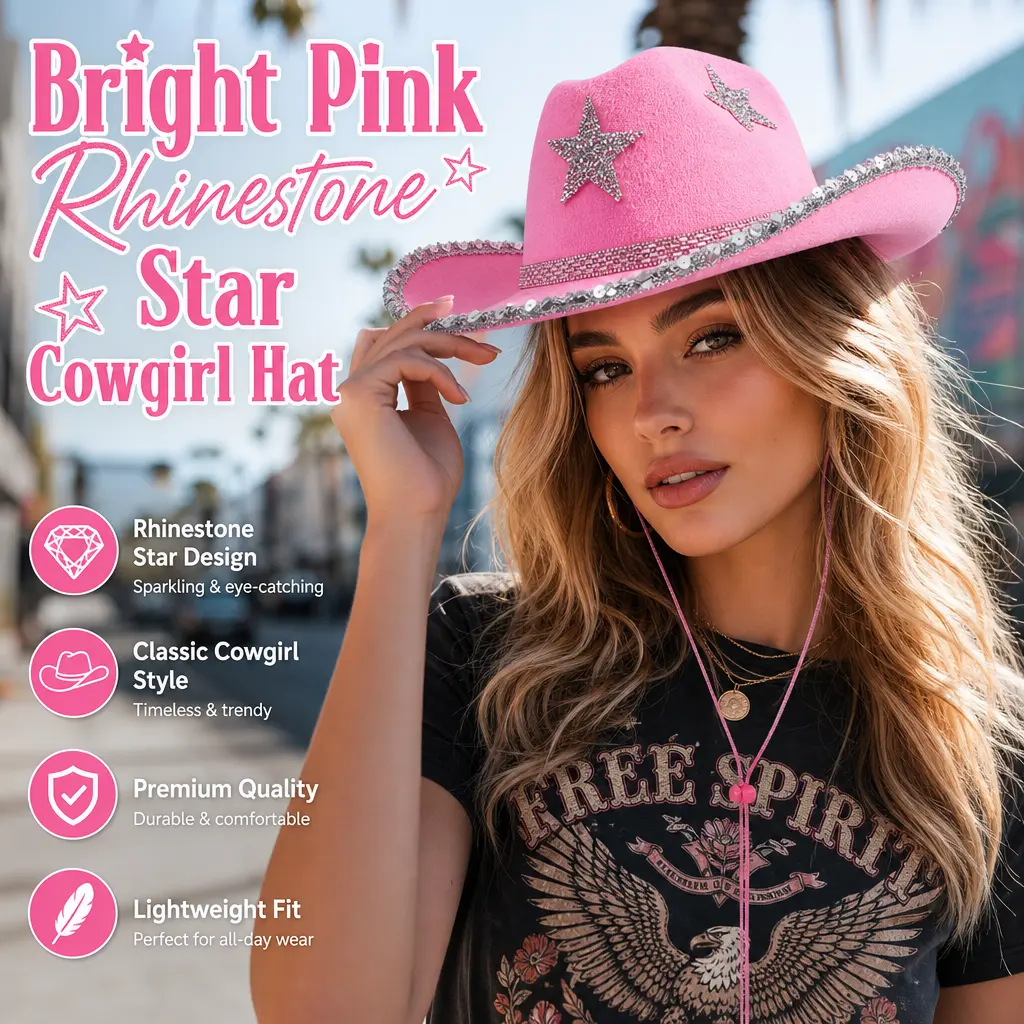 Women's Bright Pink Star Rhinestones Cowboy Hat - Acrylic, Sequin Trim, Wide Brim, Sparkly Silver Band, Adjustable Strap, Chin Strap, Bachelorette Party Western Headwear, Accessories for Women, Adjustable Cowboy Hat, Cowgirl