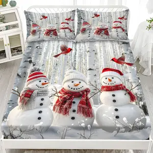 Fitted Sheet 3-Piece Set - 2D Flat Printed Christmas Red and White Scarf and Snowman Pattern Mattress Covers, Available in 10 Sizes (1 fitted sheet + 2 pillowcases, no insert). skin-friendly and breathable bedding, suitable for family bedrooms .