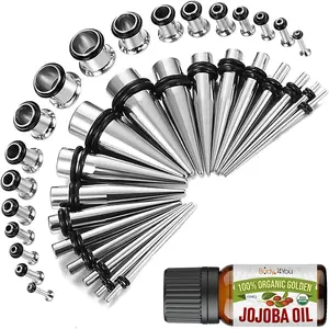 37PC Ear Stretching Kit - Beginner Gauges 14G-00G Starter Set - Aftercare Jojoba Oil - Steel Tapers Single Flare Plugs Screw Fit Tunnels - Women Eyelet Men Earrings Expander Piercing Jewelry