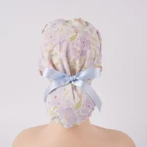Watercolor Flower Bufferflies Ponytail Scrub Cap Sweatband & Buttons Lt.Purple Women Surgical Cap Dr Nurse Medical Hat Handmade