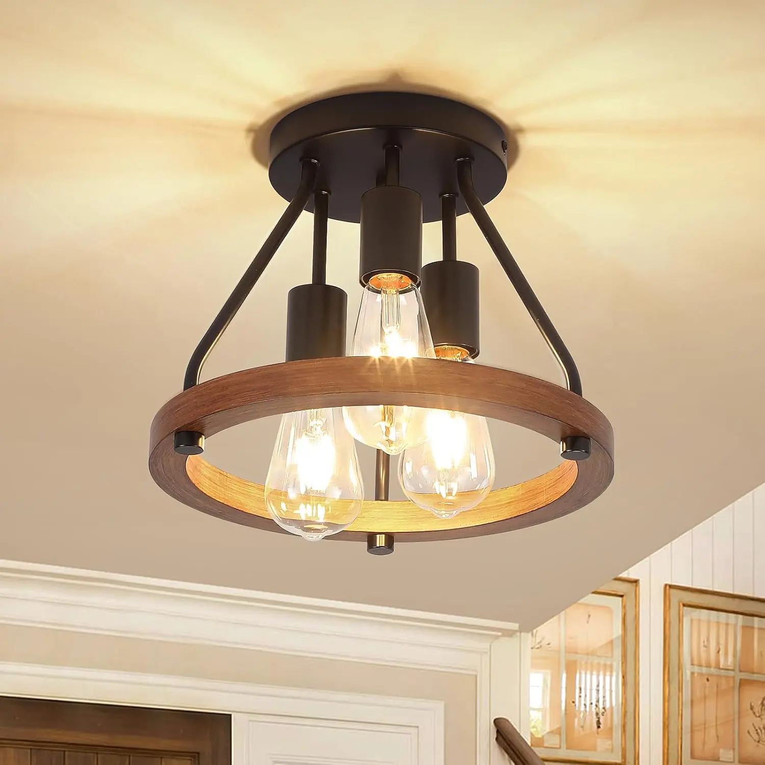 3-Light Wood Semi-Flush Mount Ceiling Lamp - Modern Farmhouse-Rustic Industrial Design - Lighted Decorative Home Supply for Bedroom, Hallway Entryway, Lighted Decorative Lights