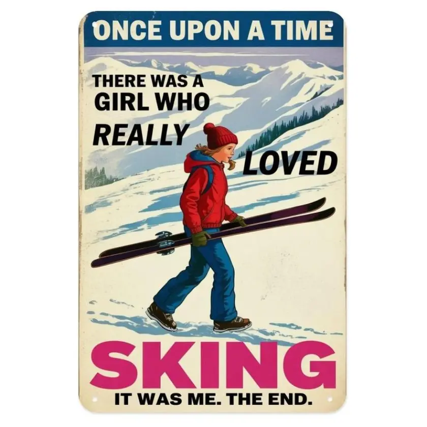 Aluminum Skiing Mountain Wall Decor Vintage Skiing Girl Print Aesthetic Room Decoration for Home Bedroom Kitchen Bar Coffee Bathroom Indoor Outdoor Sign 8 X 12 in