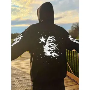 Men's Star & Letter Print Drop Shoulder Hoodie, Fashion Casual Drawstring Pocket Hooded Sweatshirt for Daily Holiday Outdoor Wear, Men Clothes for Fall & Winter, Graphic Print Hoodie