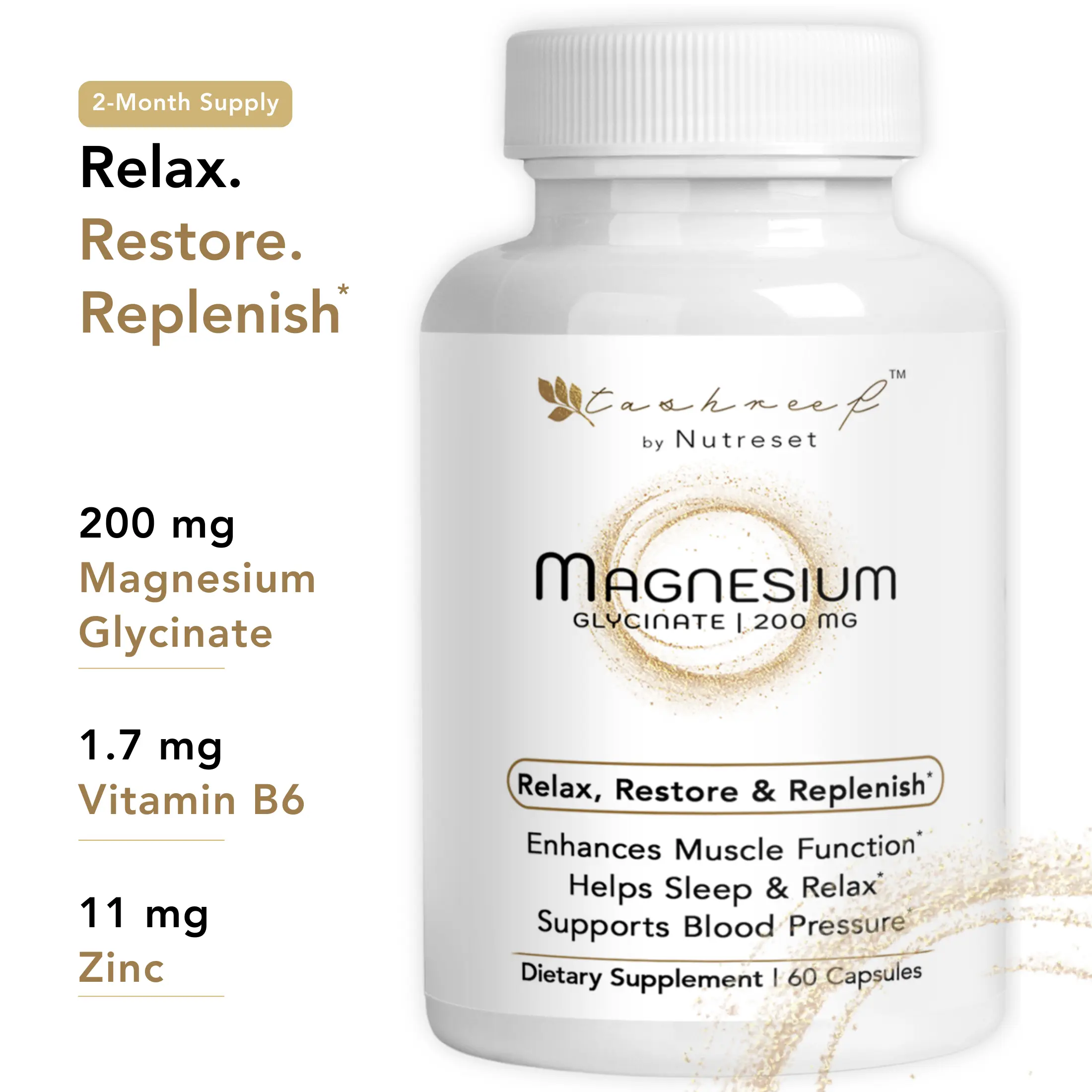 Tashreef Magnesium Glycinate 200 mg Supplement with Zinc & Vitamin B6 - High Absorption Chelated Magnesium for Muscle Relaxation Bone Strength Heart Function & Blood Pressure Support 60 Capsules