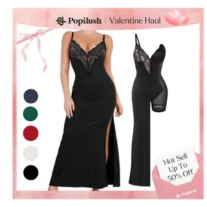 Popilush Formal Lace Built-in Shapewear Set Womenswear Sleeveless Deep V-Neck Maxi Dress Birthday Dress or Wide Leg Jumpsuit Tummy Control Cocktail Party
