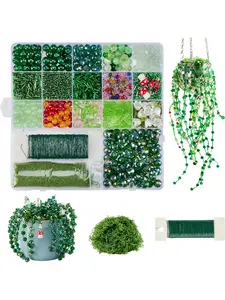 1808 pieces of green glass bead plant set, immortal plant string beads with leaves and flowers, used for making jewelry and handicrafts for succulent plants