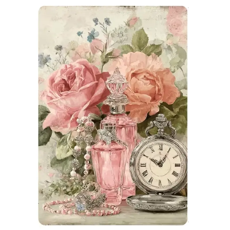 Vintage Distressed Metal Tin Sign - Pink Roses, Perfume Bottles, Pocket Watch, Pearl Jewelry, Shabby White Wood Plaque - French Cottagecore Floral Vanity Still Life Wall Art Decoration for Makeup Room, Gift for Flower-Loving Girls