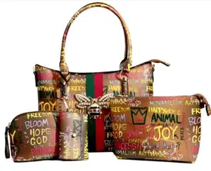 4-in-1 Graffiti Bee Stripe Accent Satchel Bag Value Set