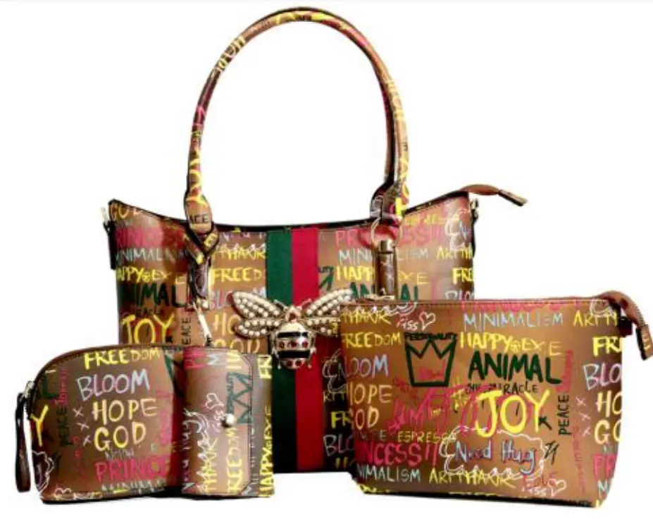 4-in-1 Graffiti Bee Stripe Accent Satchel Bag Value Set