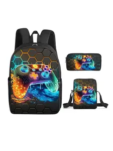 16-inch Game Console Printed Backpack Three-piece Set (Single-layer Backpack + Mini Crossbody Bag + Single-layer Pencil Case) Zipper Backpack