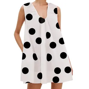Womens Spring Summer Mini Dress Casual Loose Fit Stylish Dot Print V Neck Sleeveless Tank Dress