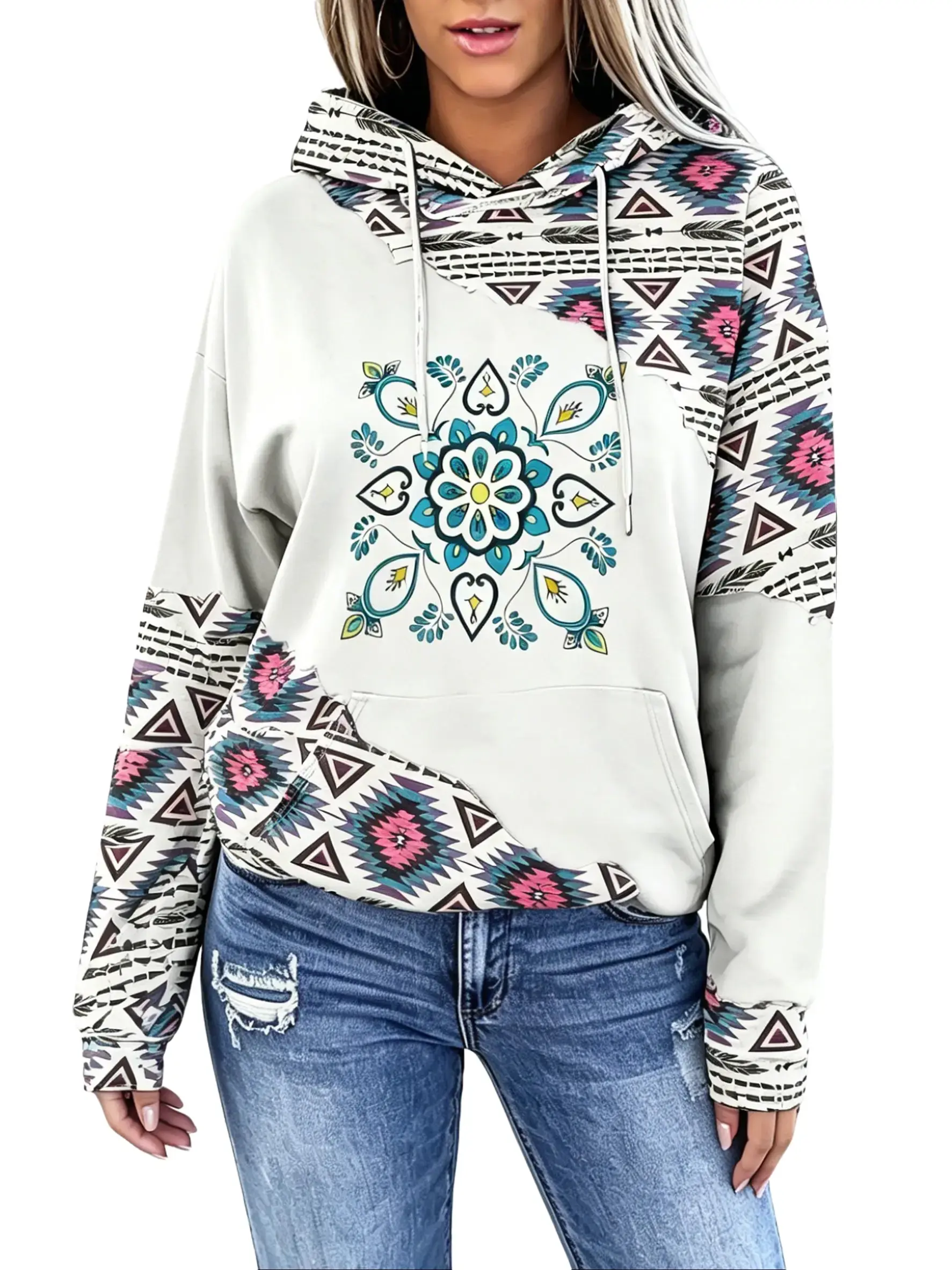Women's Ethnic Geometric Pattern Hoodie Tops, Casual Fitted Navajo Style Printed Long Sleeve Hooded Sweatshirt, Graphic Print Hoodie for Daily Everyday Holiday Vacation Wear, Ladies Clothes for All Seasons