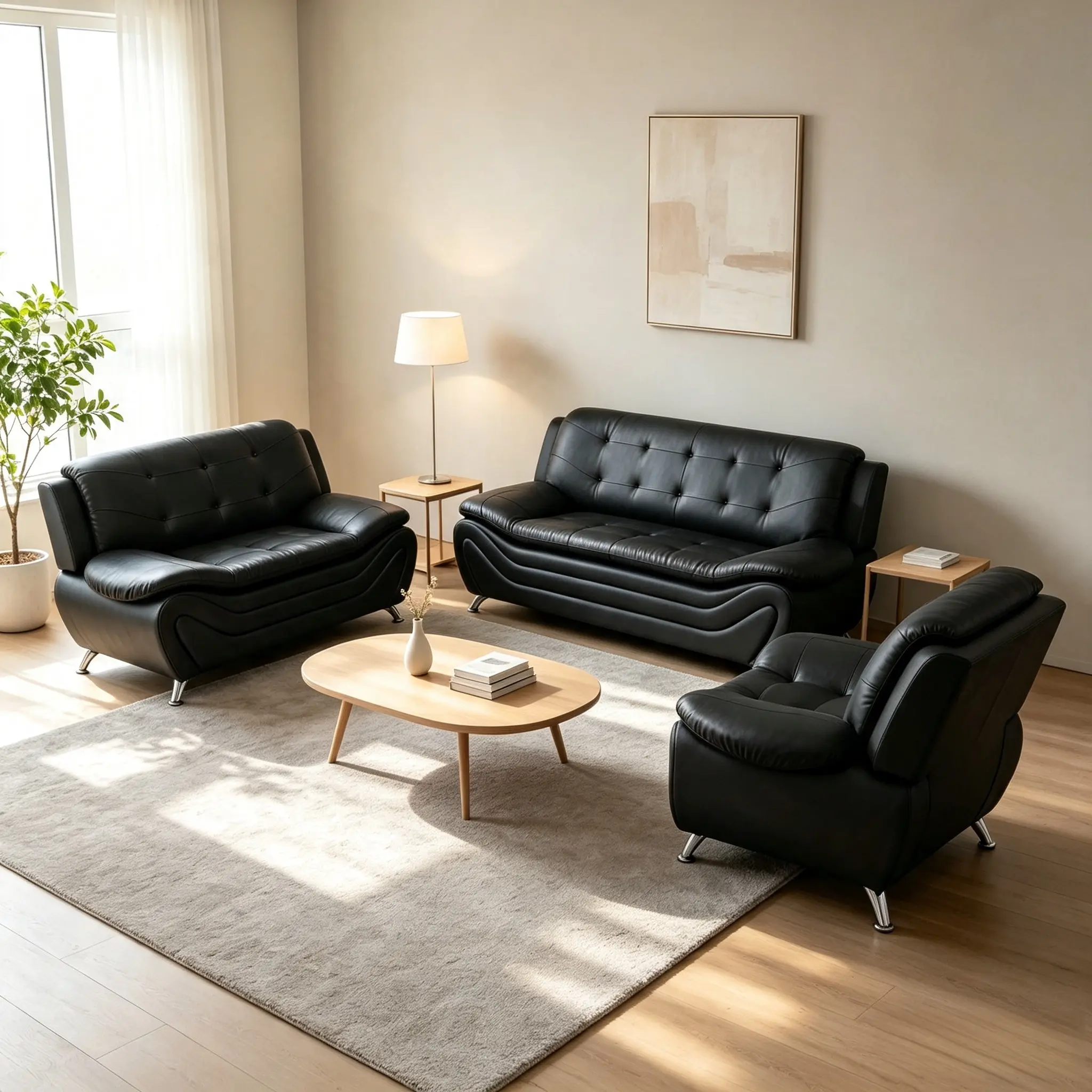 3 Piece Leather Sofa Set, Modern Living Room Furniture with 3-Seater Sofa, Loveseat & Armchair,Contemporary Couch Set for Home Decor,Minimalist Style Material, Easy Assembly, Comfy