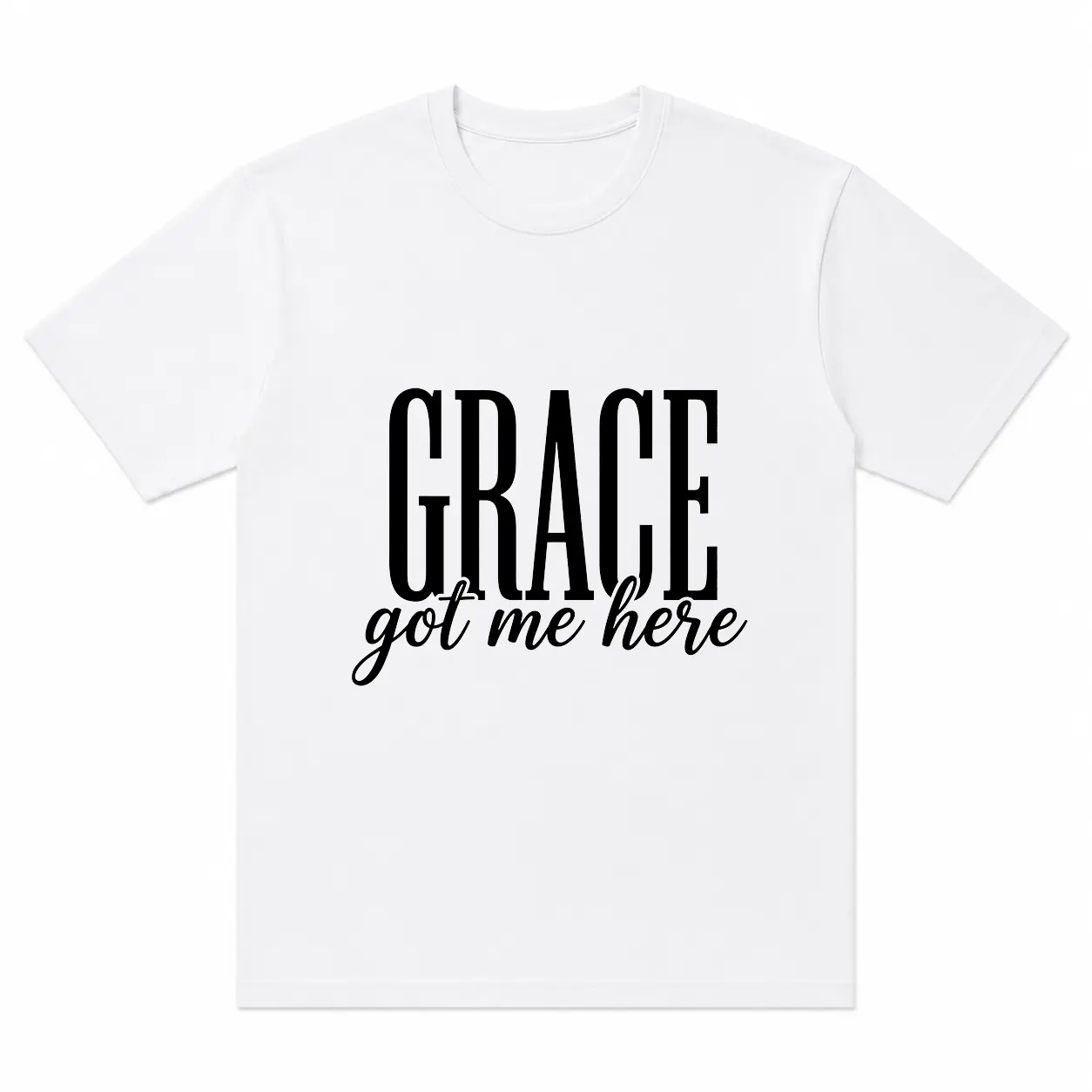 Grace Got Me Here Graphic T-Shirt, Unisex Inspirational Letter Print Crew Neck Short Sleeve Tee, Casual White Everyday Top, Faith Inspired Gift