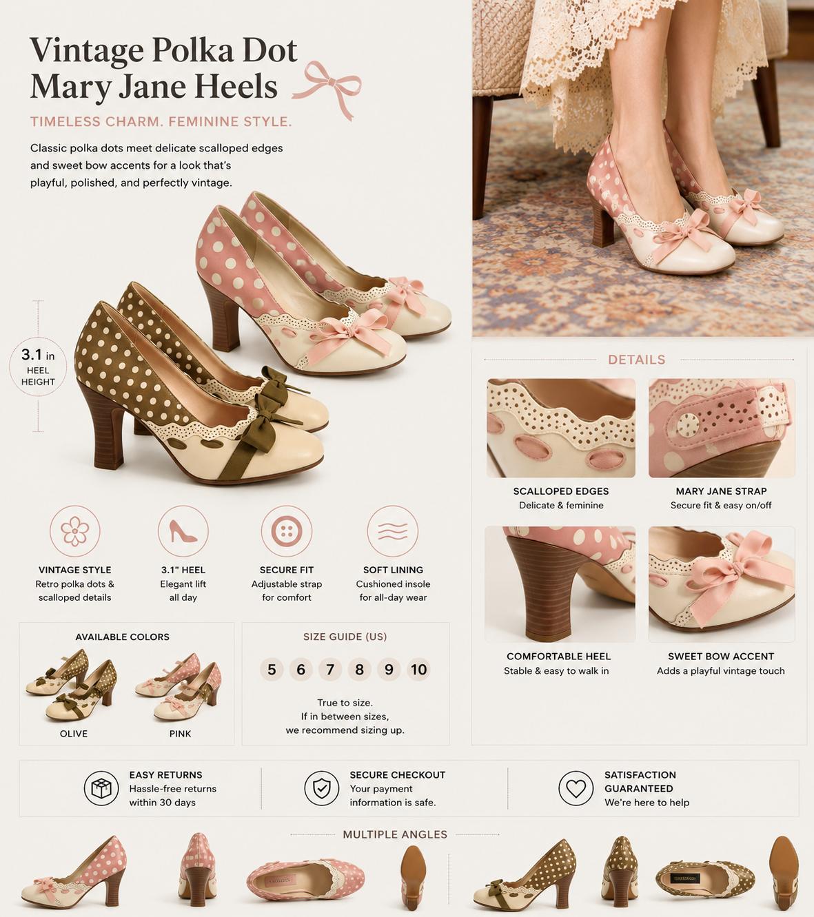 Women's Pink & White Polka Dot Heels, Retro Bowknot Mary Jane Pumps for Parties & Daily Wear