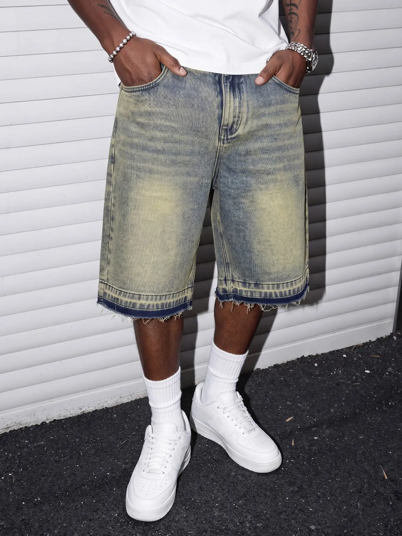 Men's Vintage Washed Denim Jean Baggy Shorts, Loose Non-Stretch American Streetwear Jorts, Sizes S (W32) to XXL (W40), Menswear