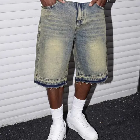 Men's Vintage Washed Denim Jean Shorts, Loose Fit, Loose Non-Stretch American Streetwear Jorts, Sizes S (W32) to XXL (W40), Menswear