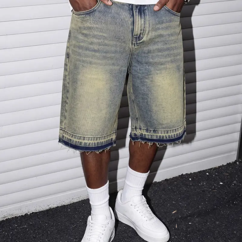 Men's Vintage Washed Denim Jean Shorts, Loose Fit, Loose Non-Stretch American Streetwear Jorts, Sizes S (W32) to XXL (W40), Menswear