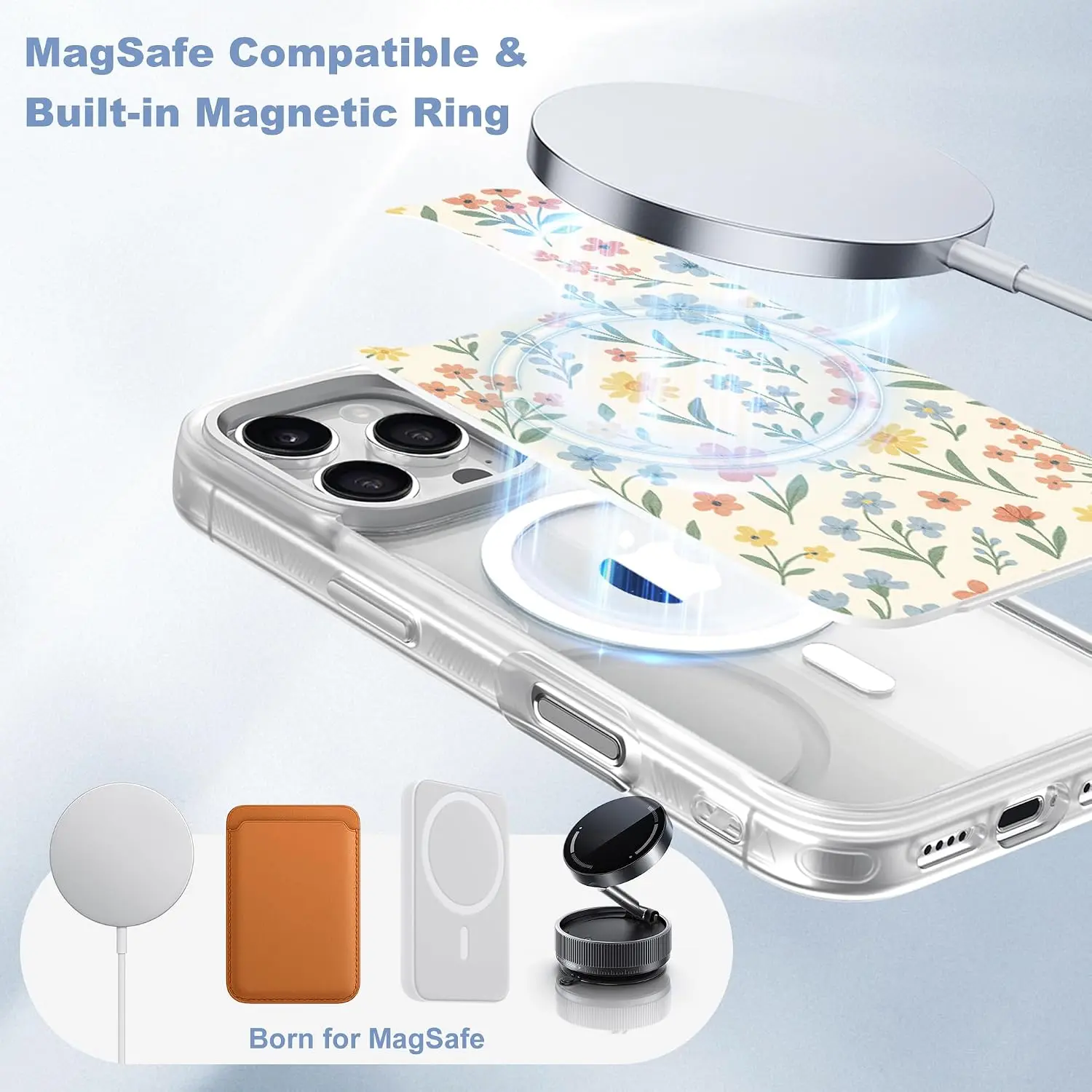 iPhone 16 Pro Max Clear Magnetic Phone Case | MagSafe Ready, 3 Floral Decor Inserts, Military Shockproof Full Camera Protection, Girly Valentine Gift