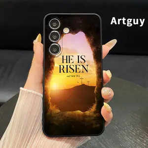 Straight Edge Phone Case Compatible with Samsung Galaxy S23 Ultra S24 Plus S25 S22+ Sunset Resurrection Cross Pattern Full Body Protection Shockproof Soft Silicone Cover