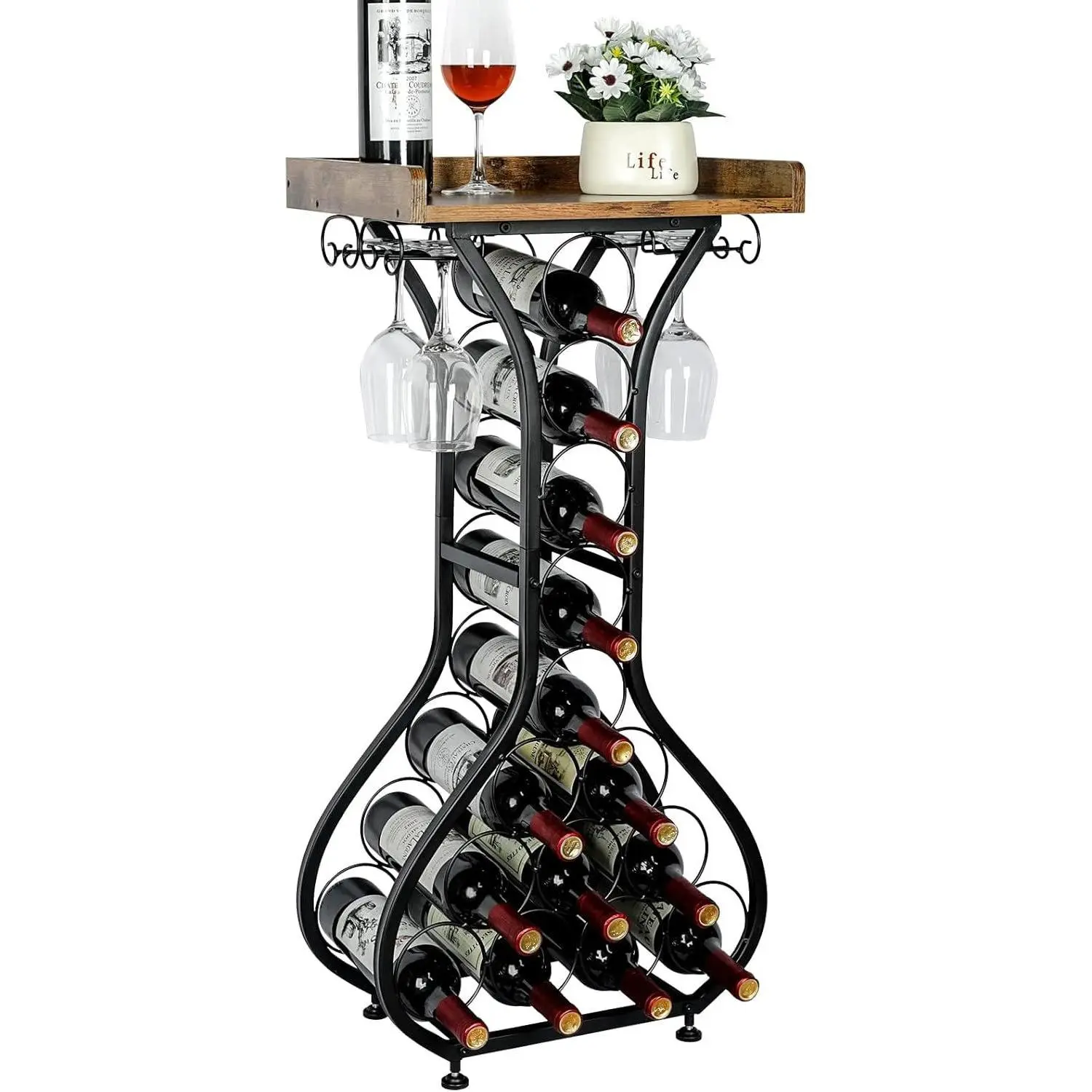 14-Bottle Max Freestanding Floor Wine Rack - Sturdy Rustic Wood, Metal Frame with Glass Holders & Wire Hooks, 12"d x 16.5"w x 35.4"h, Organization for Studio Apartment Dining Room Mini Bar Liquor Cabinet Stemware Storage