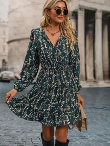 Elegant Women's Deep Floral Dress, V Neck Long Sleeve, Autumn Winter Fashion, Ladies Casual Wear, Stylish and Comfortable Womenswear
