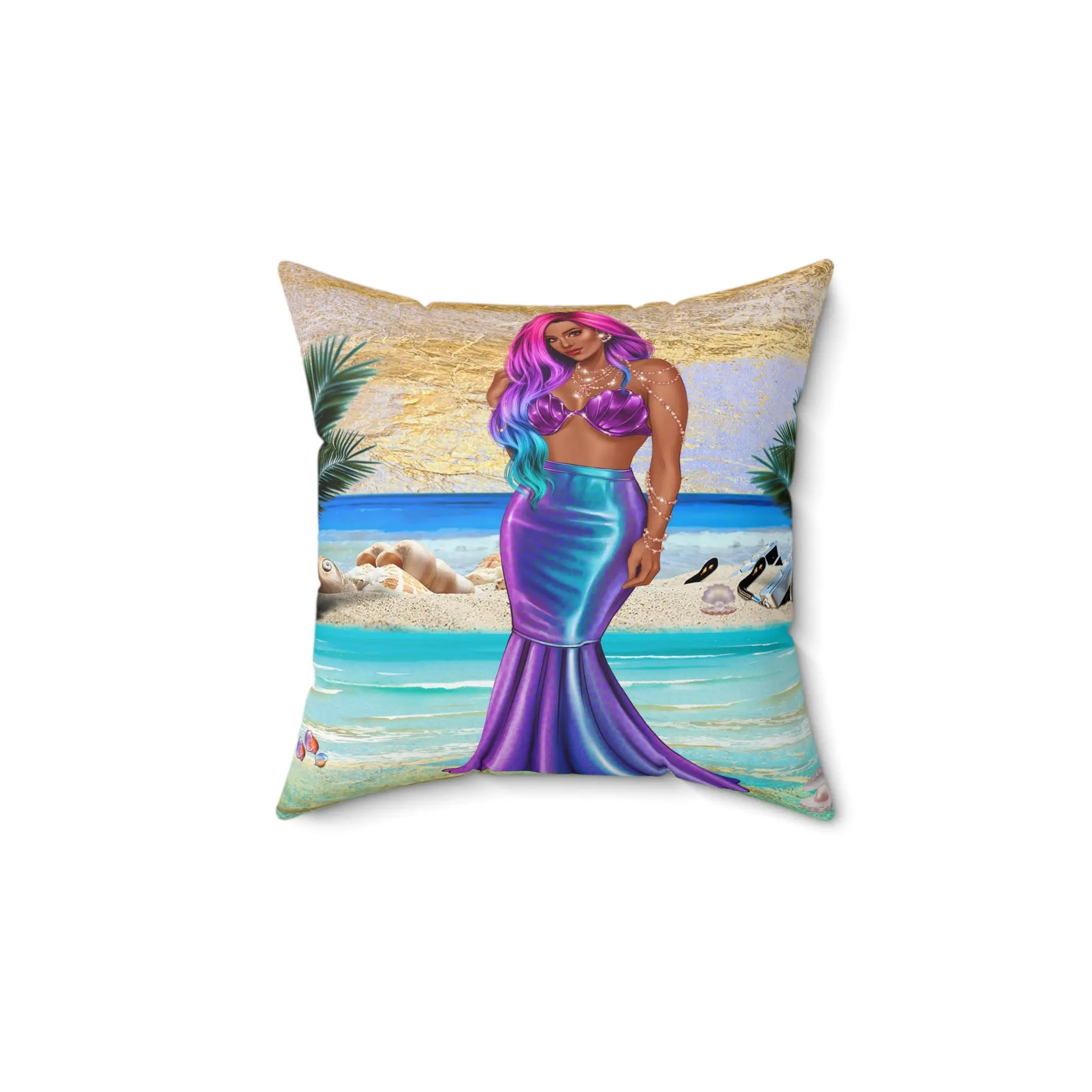 Mermaid Beach Square Pillow — Colorful Siren Decorative Throw Pillow