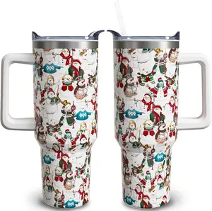 40 oz Christmas Tumblers with Handle and Straw, Vintage Snowman 40oz Stainless Steel Vacuum Insulated Travel Coffee Mug Cup Water Bottle, Christmas Decor Stuff Accessories Gifts for Women
