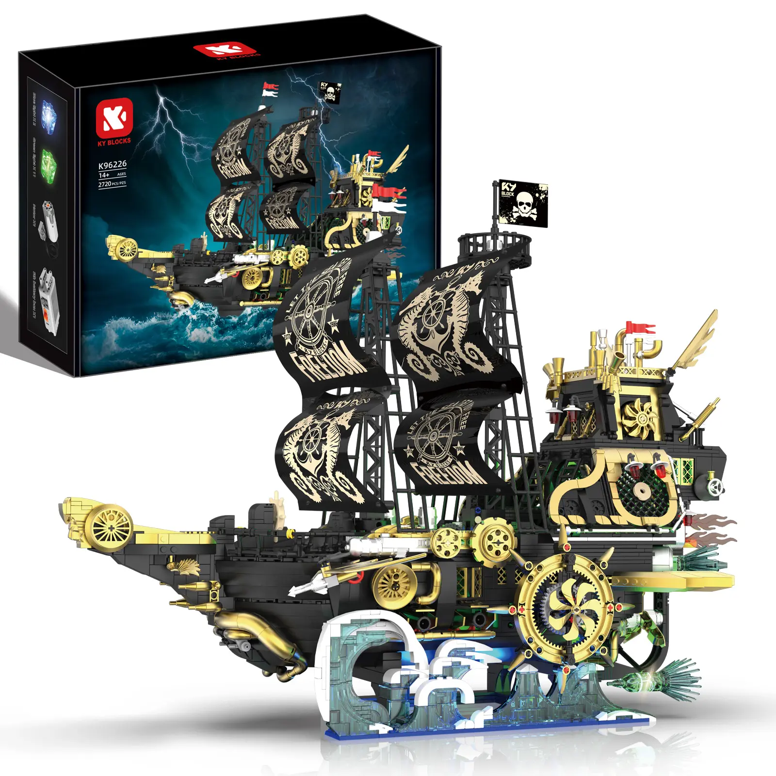 Steampunk Pirate Ship Building Block Set - Freedom Number Mechanical Model Boat Kit, Lighted Parts, Power Motor, STEM Plastic Blocks Puzzle for 8-13 Kids & Adults, Ideal Birthday Gift
