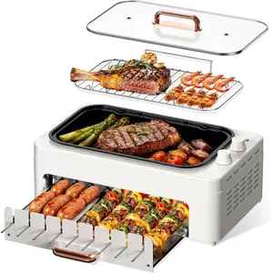 4-in-1 Electric Indoor Grill  for ,Countertop Electric Grill with Removable Sizzling Grill Pan & Grate + Auto Rotating Kabob Skewers + Electric Hot  Roller Dual Zone Cook with Lid
