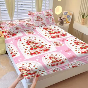 3-Piece Strawberry Girl Patterned Bed Sheet Set, Including 1 Bed Sheet And 2 Pillowcases, With Anti Slip Dust Cover Suitable For Bedrooms And As a Birthday Or Holiday Gift