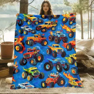 1 Piece Monster Truck Pattern Lightweight Flannel Blanket - Soft, Warm, Comfortable, Suitable for Sofa, Bed, Camping, Office, and Outdoor Use - Cool Orange, Yellow, and Blue Design with Flames and Action Scenes, Comfortable Flannel Blanket |       Cool de