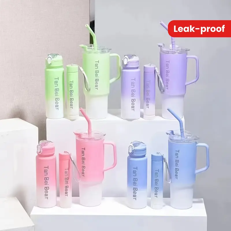 3-Piece Reusable Plastic Water Bottles Set (1500/900/300ml) - Portable Leakproof Tumbler with Snap Closure Straws, Large Capacity, Ideal for Camping, Hiking