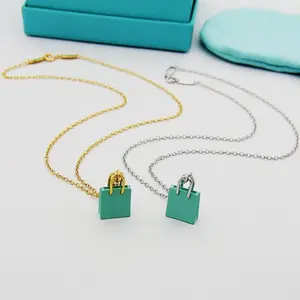 T Brand Enamel Handbag Necklace Simple Small Cute Gift Bag Blue Bag Pendant Collarbone Chain
