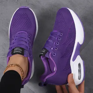 Ladies Black and Purple Mesh Upper Breathable Comfort Height Increasing Running Sneakers Hidden Elevated Insole Flexible Wear Resistant Outsole Ideal for Outdoor Sports Fitness Training Jogging Travel Casual Daily Wear