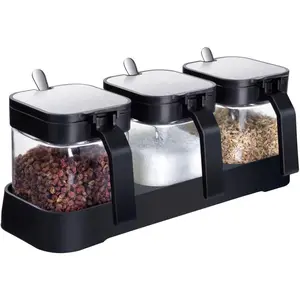 Glass Condiment Jar Spice Container with Lids and Spoons, Square Clear Seasoning Sugar Containers Set with Base, Sugar Pepper Salt Spices Bowl for Kitchen Countertop,3pcs