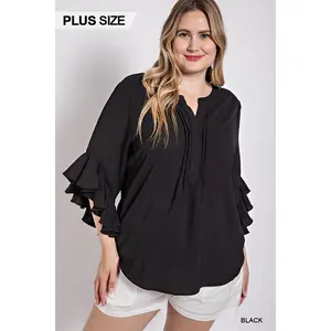 Ruffled Bell Sleeve & Front Pleated Top XL-2XL