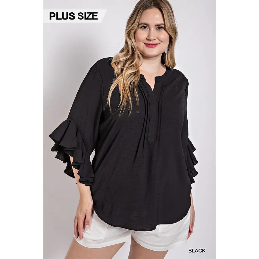 Ruffled Bell Sleeve & Front Pleated Top XL-2XL