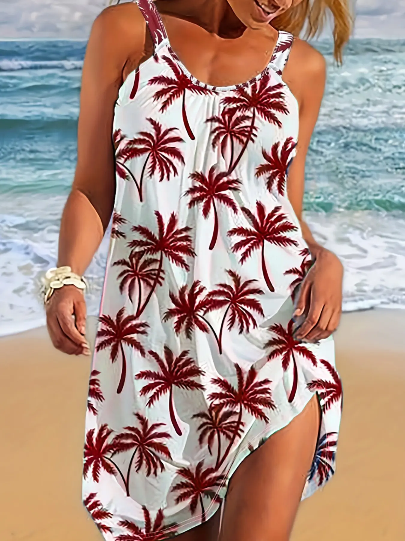 Plus Size Women's Floral Palm Tree Print Thin Strap Sleeveless Beach Dress, Boho Floral Dress, Summer Casual Tank Top Dress, Bohemian Style, Comfortable and Stylish for Warm Weather