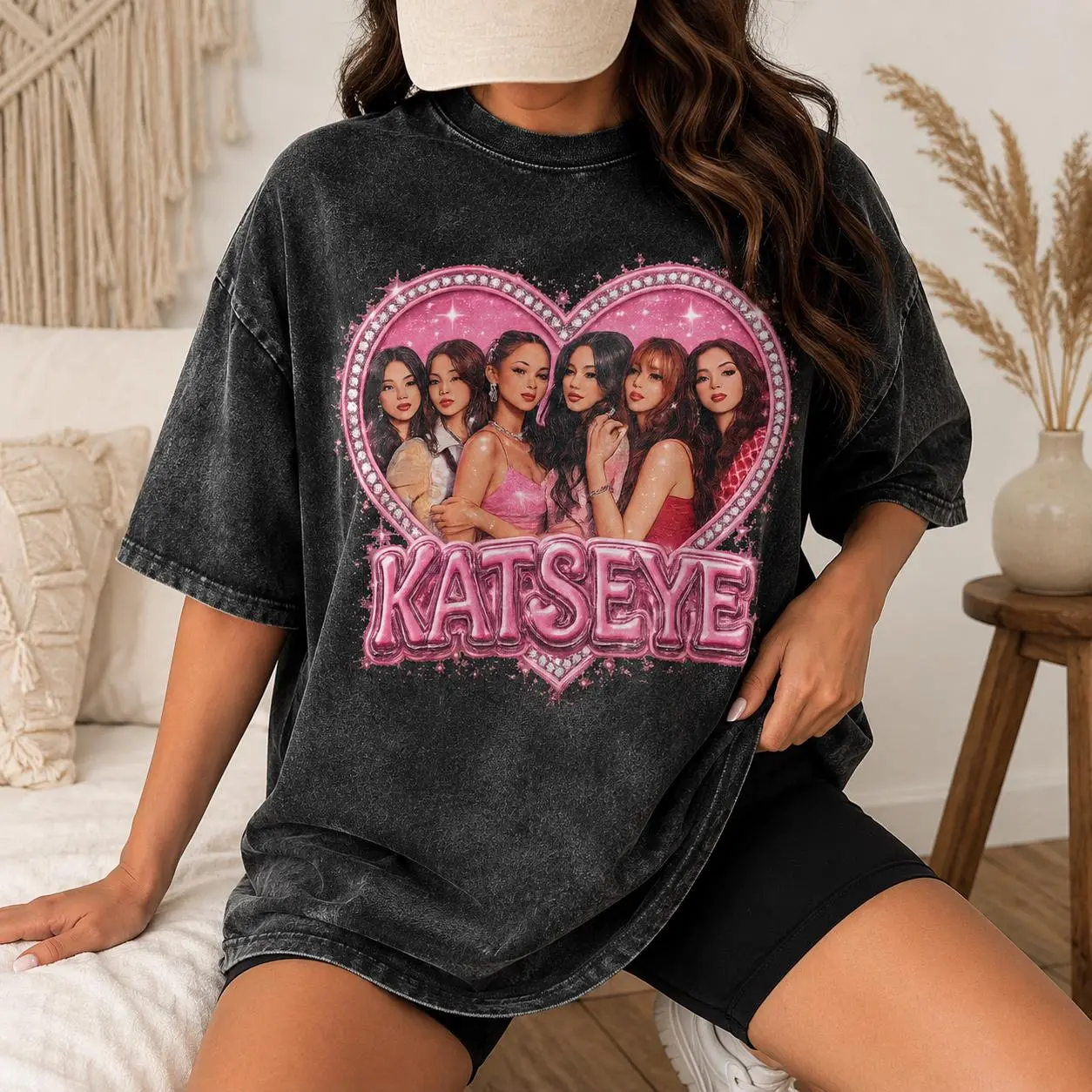 Comfort Colors Katseye Heart Graphic Shirt, Pink Portrait Tee, Vintage Wash Music Lover Gift