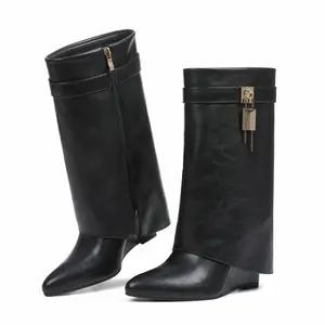 Wide Calf Folding Wedge Heel Boots, Knee High & Short Almond Toe Faux Leather Zipper Boots with Decorative Padlock Platform for Autumn Wear