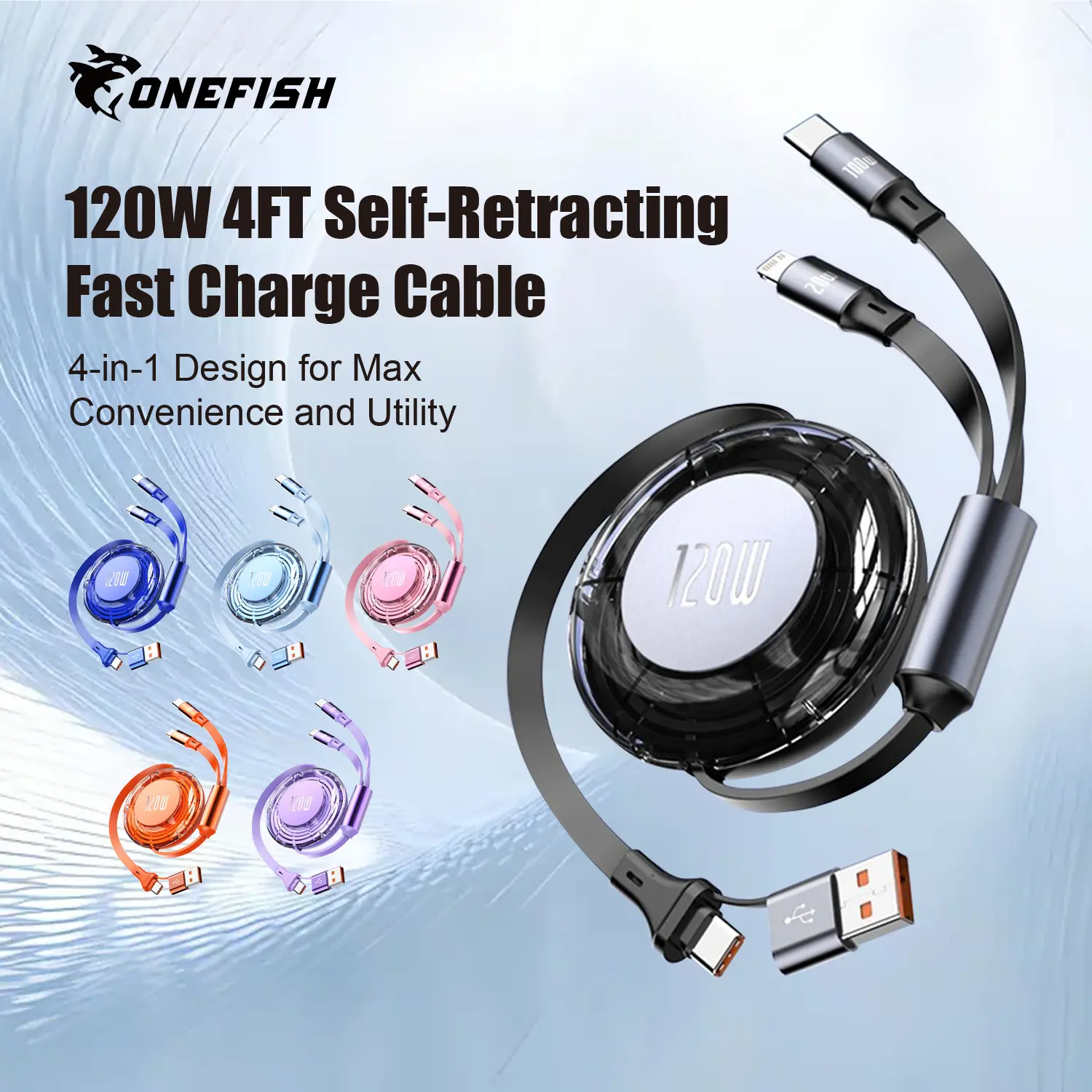 One Fish 4-in-1 USB Charging Cable - 120W Fast Charging & Data Sync for iPhone 16/15, iPad Pro, Samsung, and Laptops One Fish 4-in-1 USB Charging Cable - 120W Fast Charging & Data Sync for iPhone 16/15, iPad Pro, Samsung, and Laptops