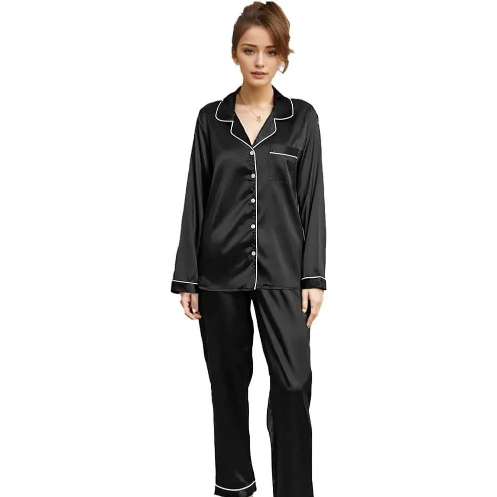 Women's 2-Piece Black Silk Pajama Set, Plain Long Sleeve Sleepwear, Smooth Thermal Ankle Length Loungewear, Machine Wash, Smooth Surface