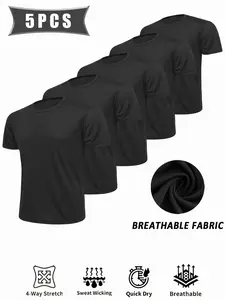 5-Pack Men's Sporty T-Shirts, Breathable Quick-Dry Casual Short Sleeve Tops, Lightweight Solid Color, Gym Running Hiking Sports