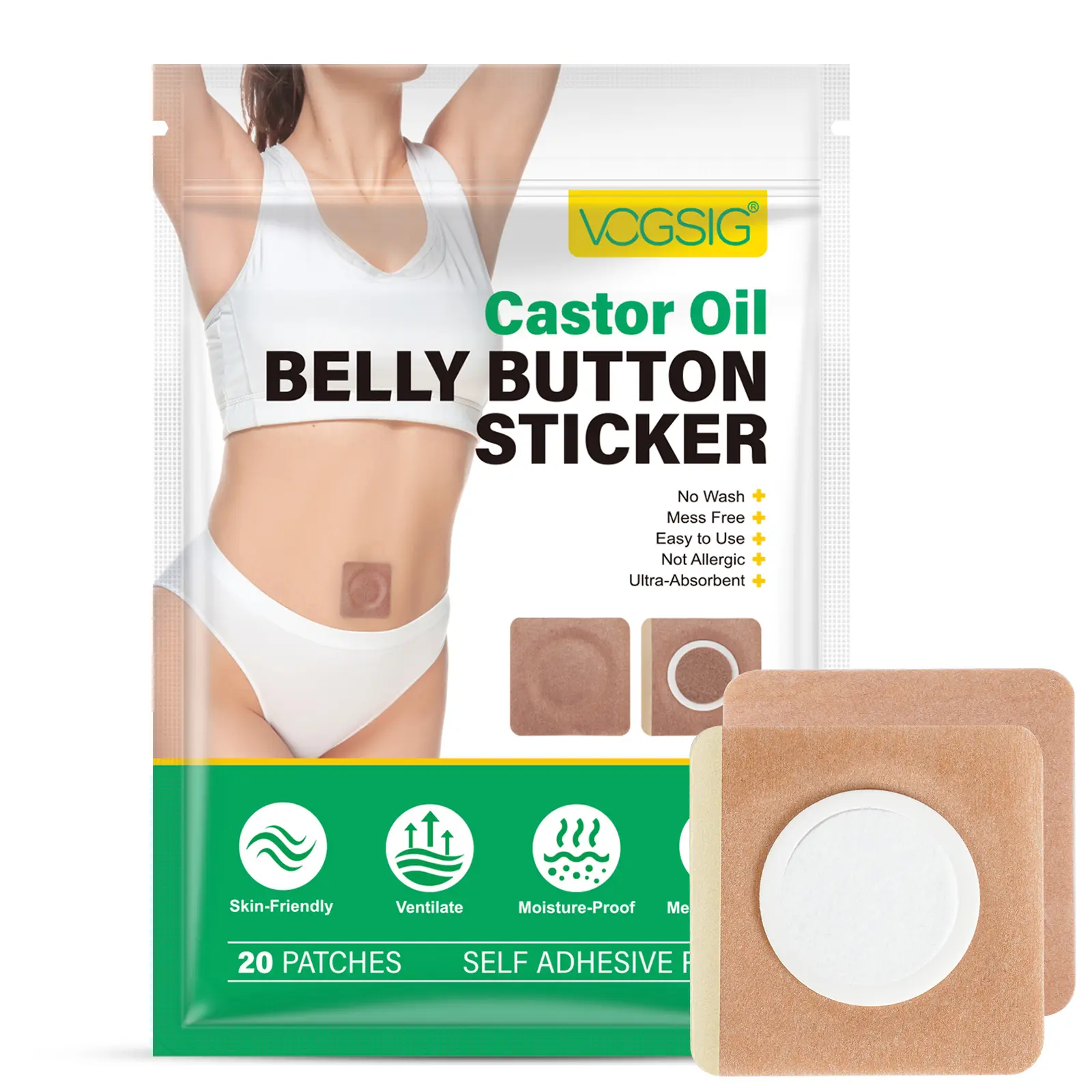 Vogsig Castor Oil Navel Patch 20p, Pain Patches, Pain Relief & Skin Care, Gentle Effective Natural Ingredients, Easy Application, Suitable for All Ages